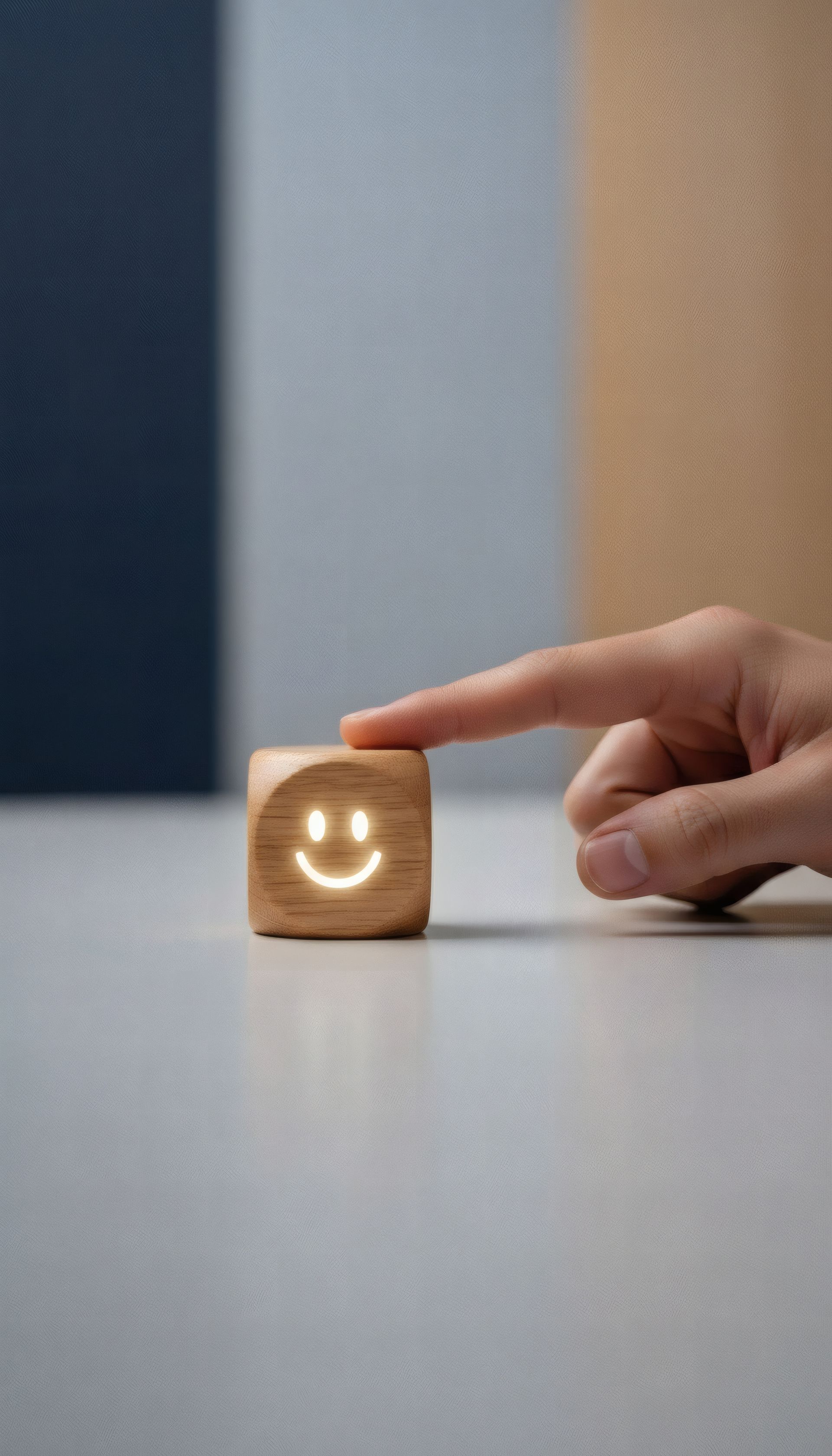 Une main touche un cube en bois orné d'un smiley lumineux. Le tout est posé sur une surface gris clair.