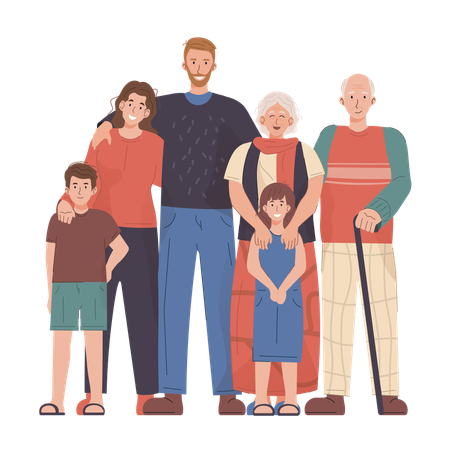 Une famille de six personnes, debout ensemble, les bras autour des autres.