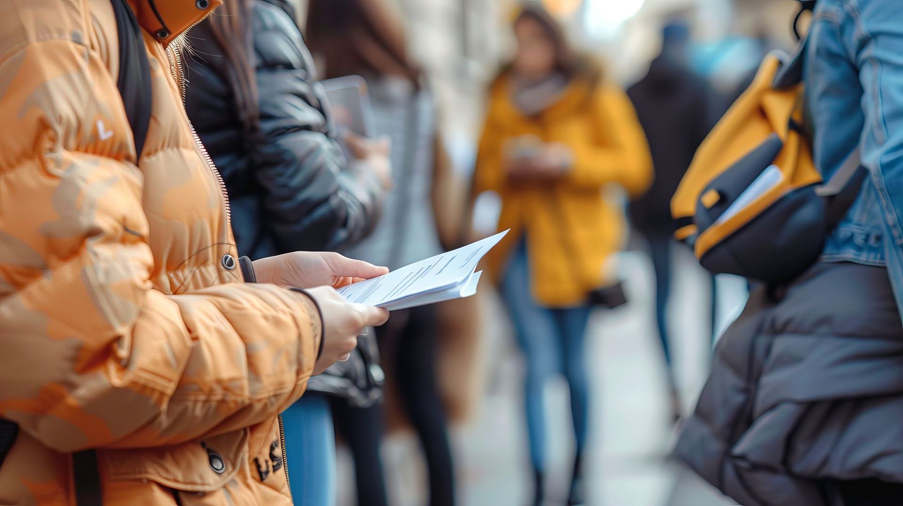 Une personne en veste orange tenant des papiers, se tenant au milieu d'une foule à l'extérieur.