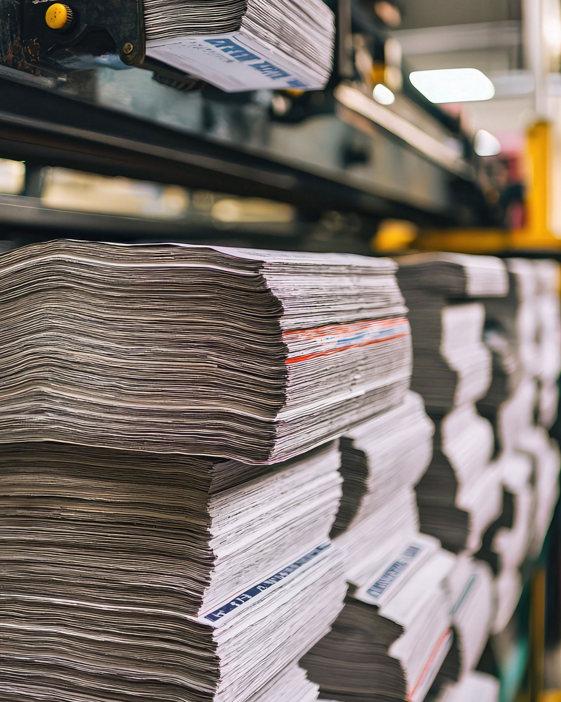 Des piles de papiers imprimés sont triées par une machine dans une presse à imprimer.