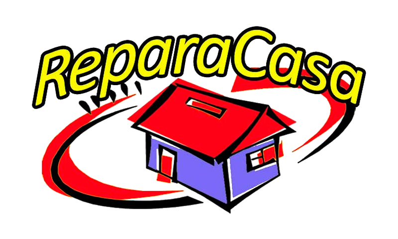 Logotipo para "ReparaCasa" con un ícono de una casa rodeado de líneas rojas y negras; texto amarillo.