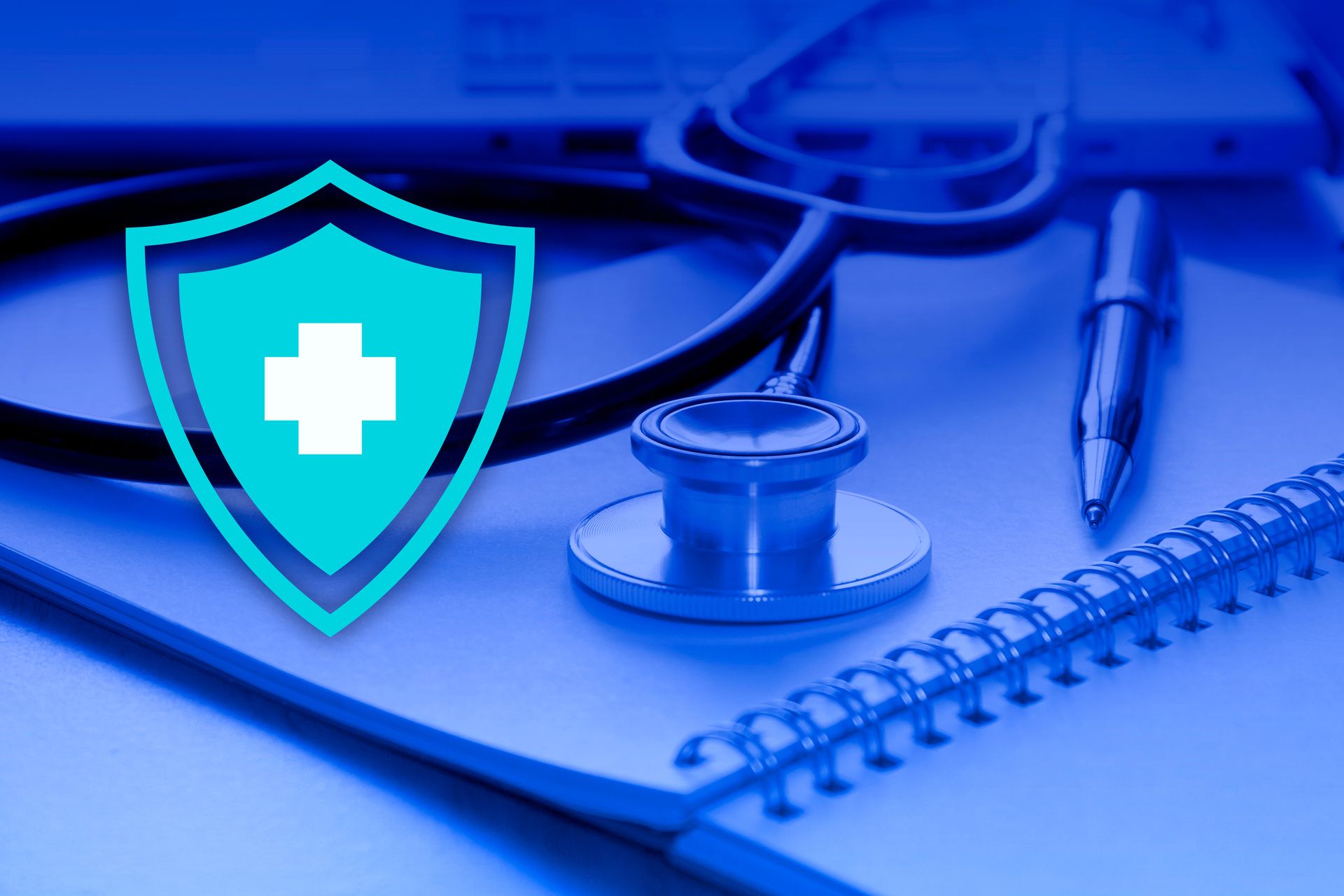 Bouclier avec une croix recouvrant des fournitures médicales, évoquant la protection des soins de santé.
