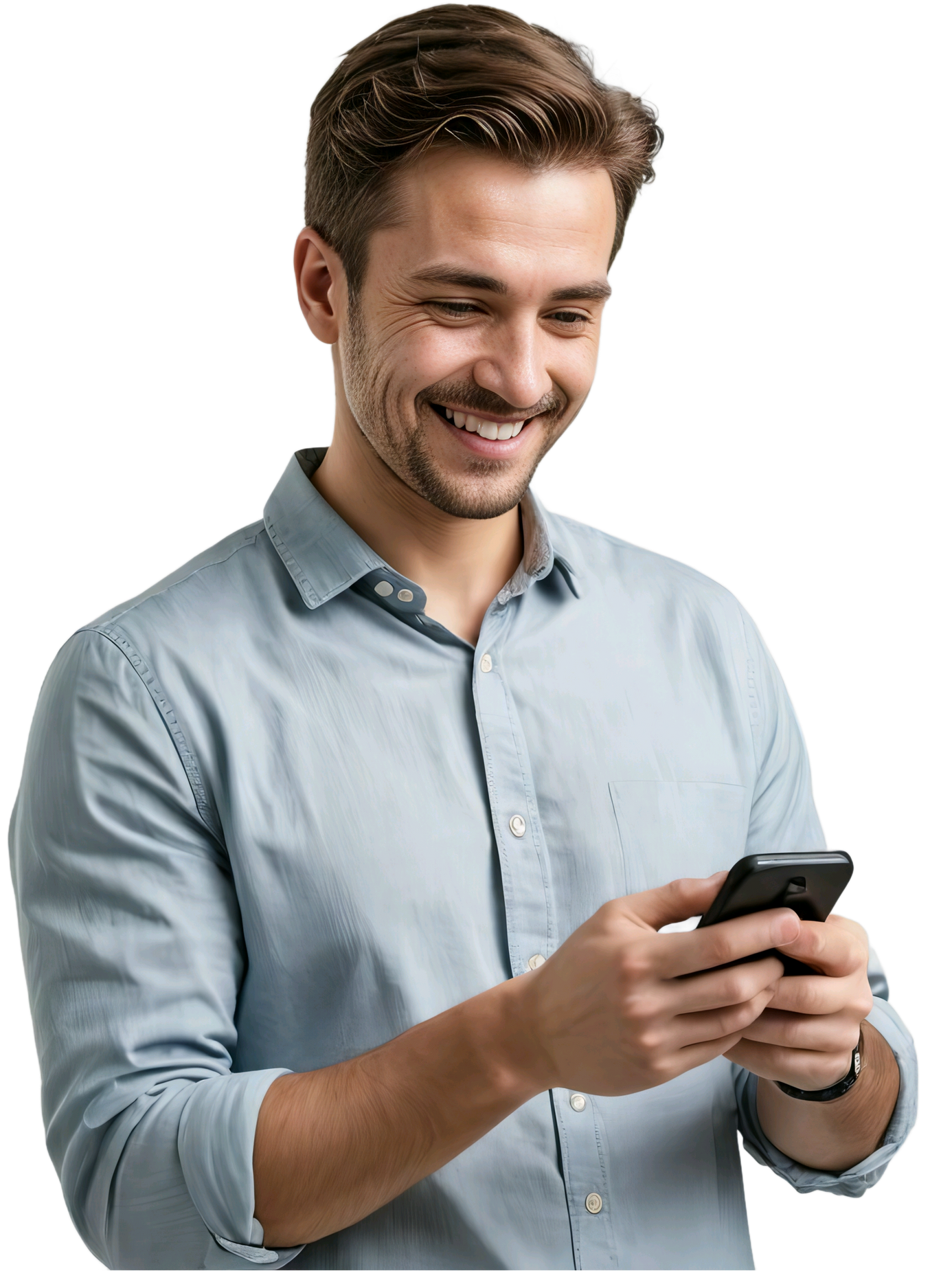 Un homme sourit en regardant l'écran de son smartphone. Il porte une chemise bleu clair à boutons.