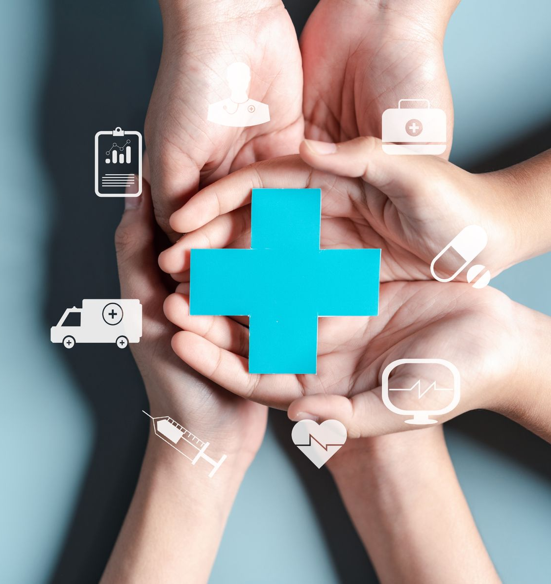 Des mains sous une croix bleue, entourées d'icônes du secteur de la santé