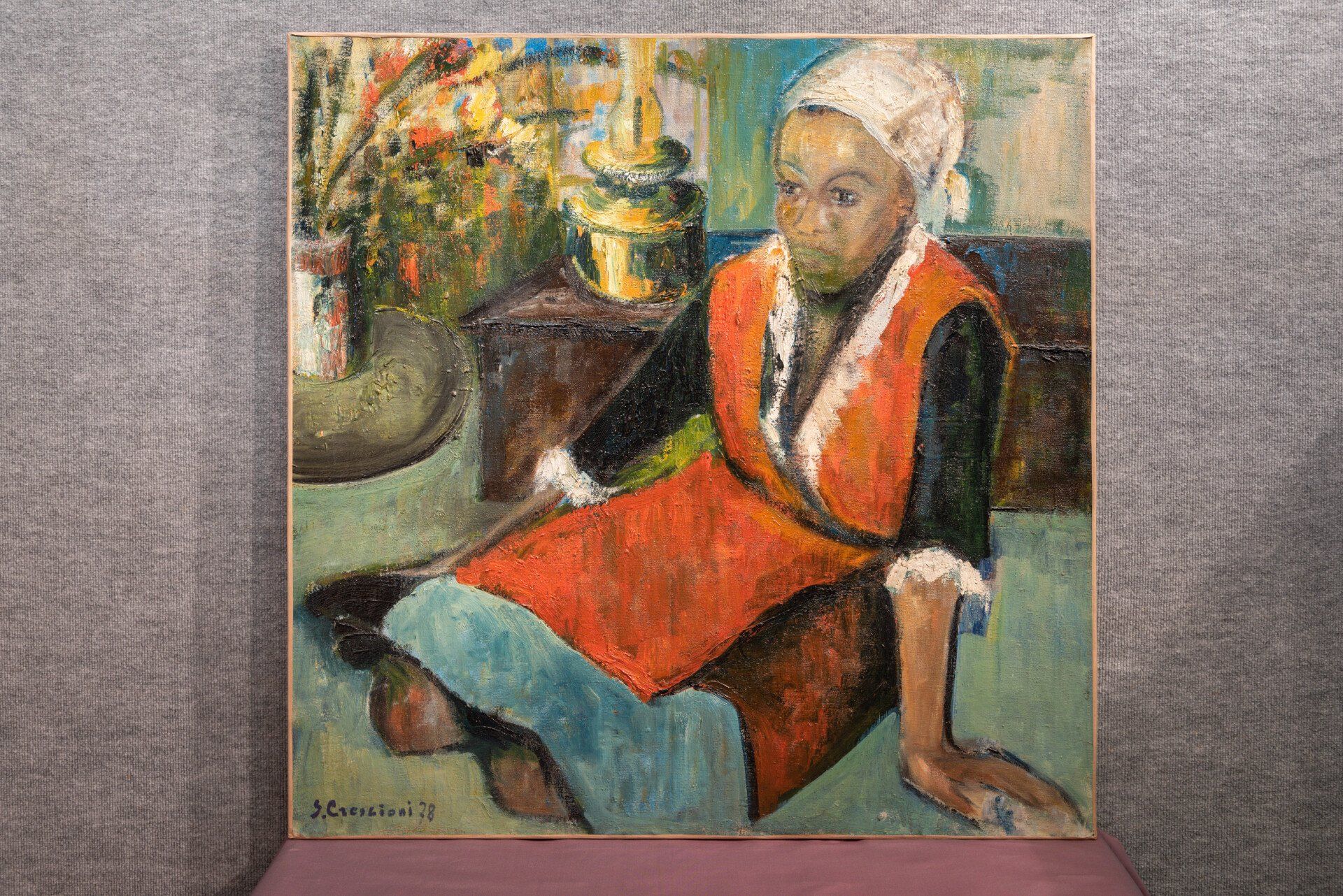 Peinture à l'huile représentant une personne assise, coiffée d'un foulard blanc