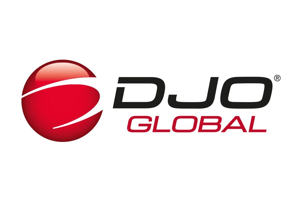 Logo DJO Global : Sphère rouge avec des lignes courbes blanches et texte noir « DJO GLOBAL » en dessous.