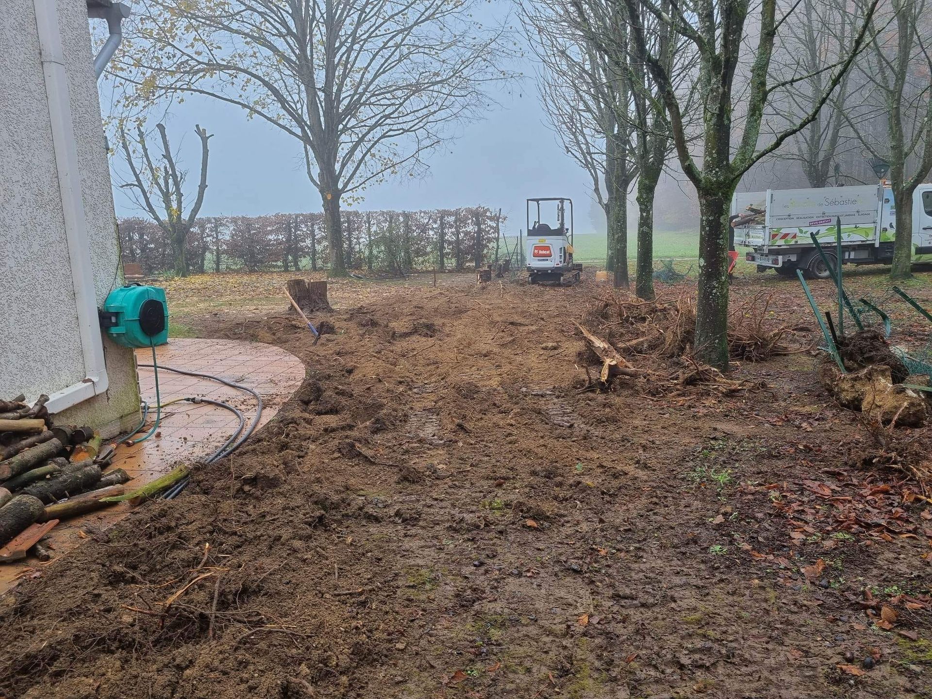 Allée de jardin recouverte de feuilles, avec des arbres dénudés et un petit dispositif vert près d'un mur de maison.
