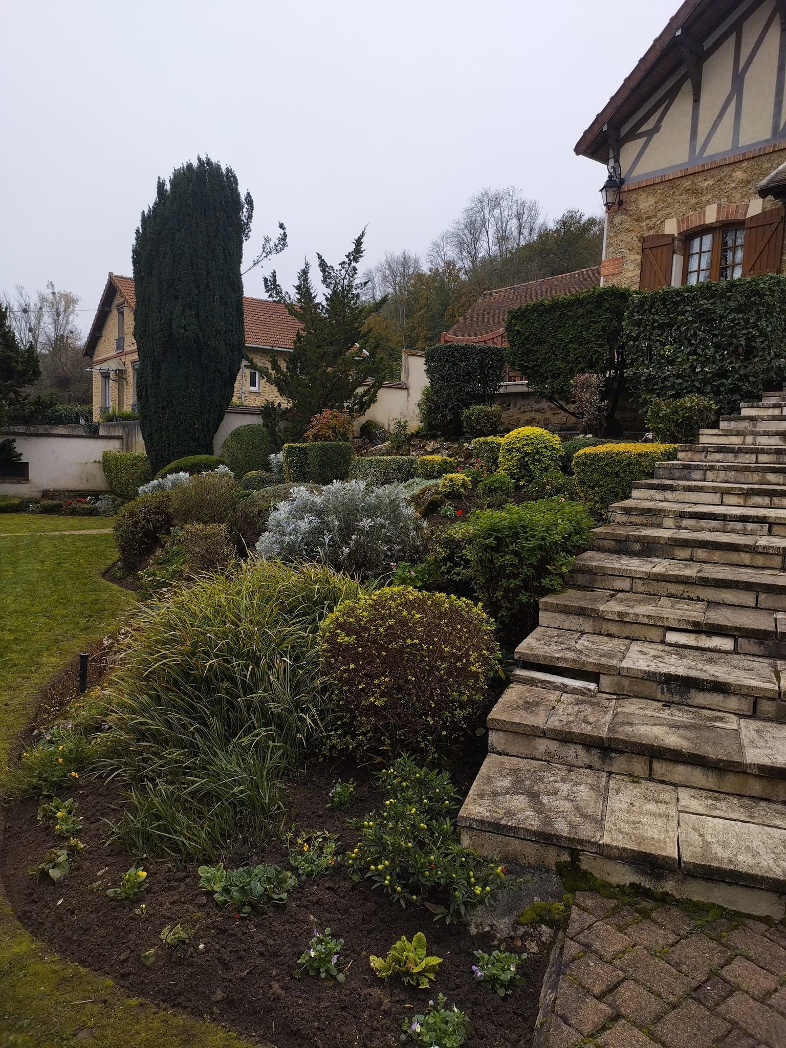 Escaliers en pierre bordant un jardin paysager et une maison avec des arbustes taillés et des plantes à fleurs.