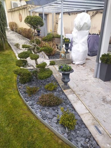 Allée de jardin à l'arrière d'une maison, avec plantes en pot, paillis foncé et objets recouverts.