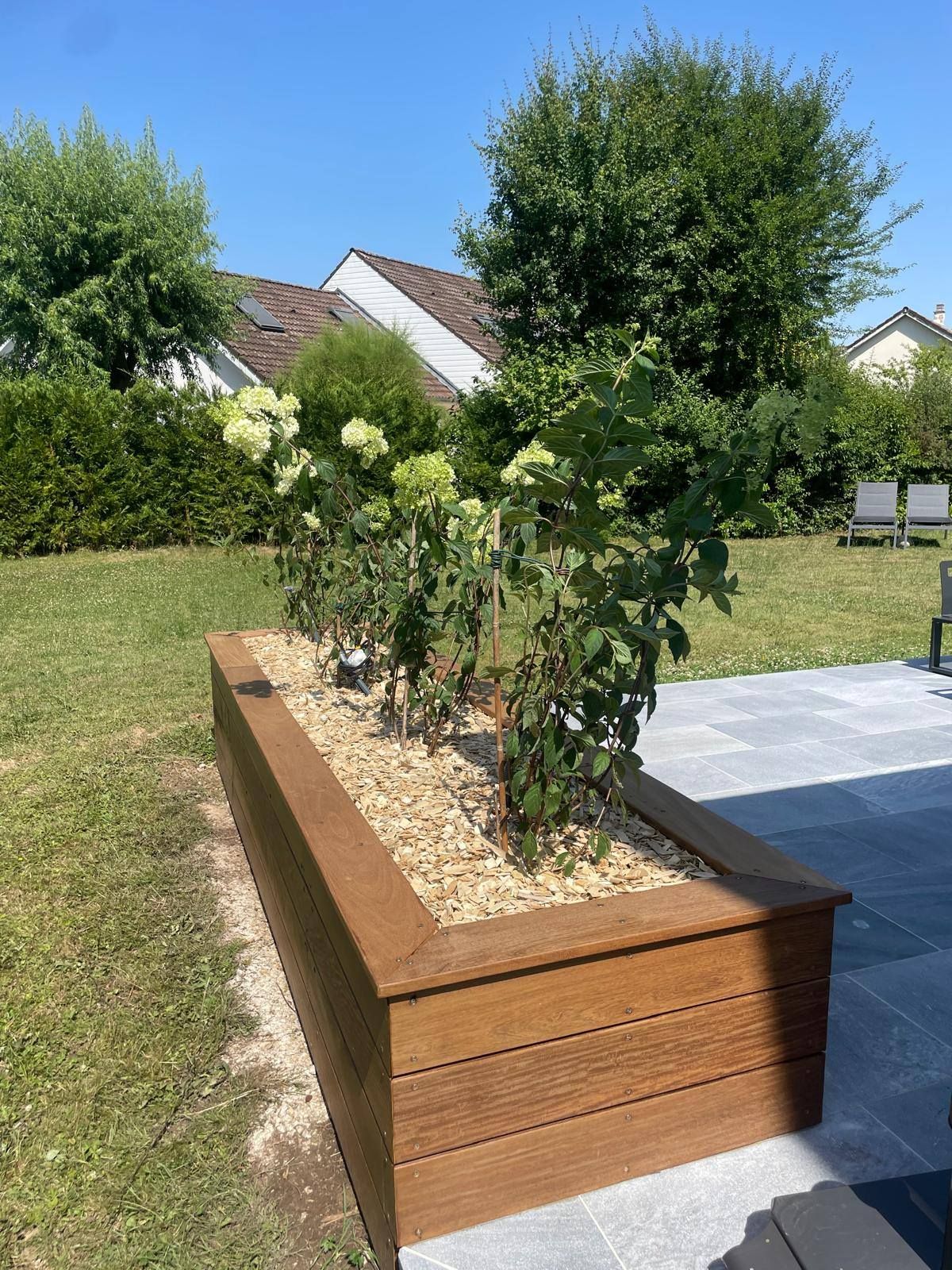 Jardinière surélevée en bois avec arbustes dans un jardin ensoleillé, à côté d'une terrasse pavée.
