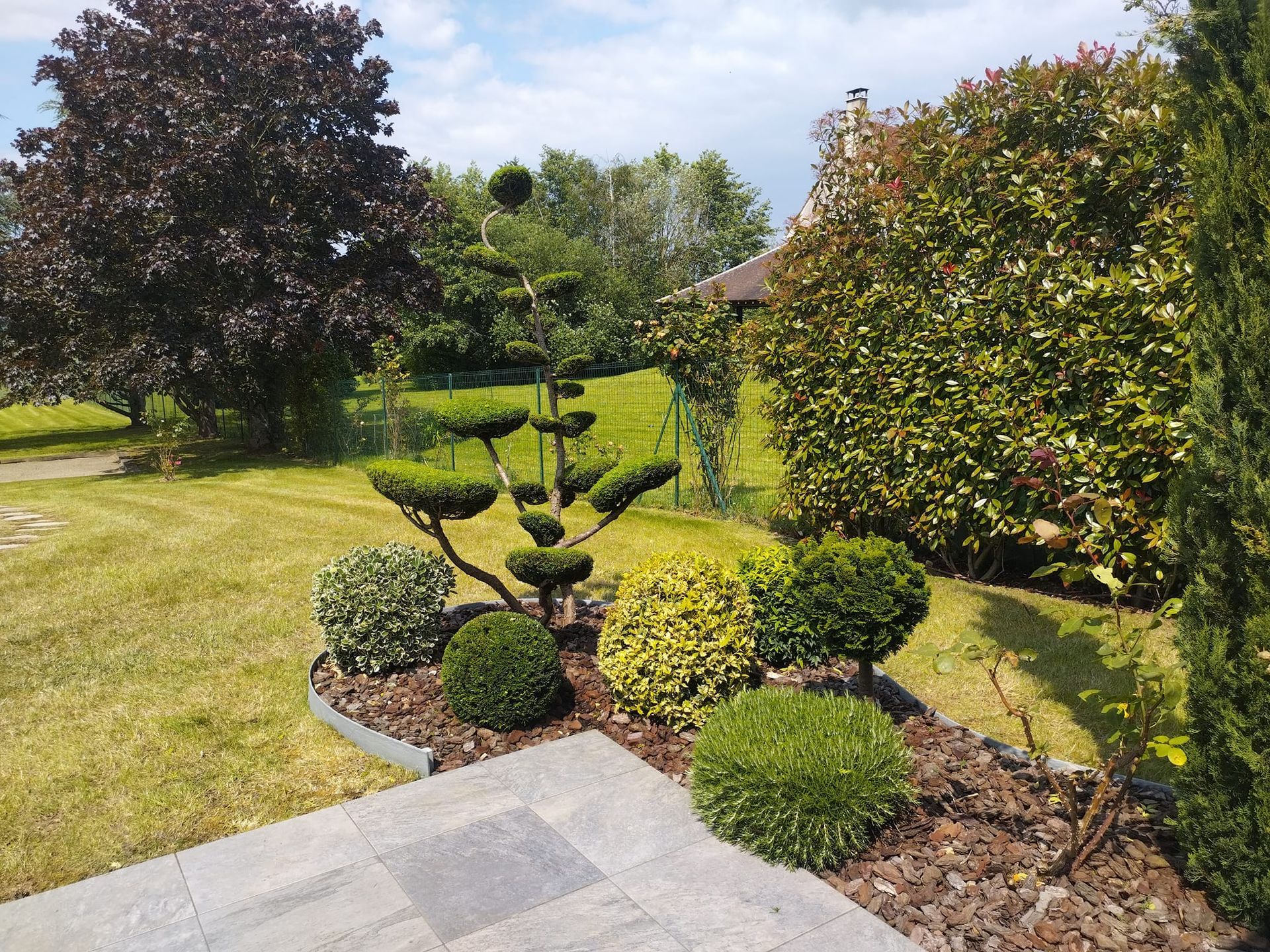 Jardin soigné avec arbustes taillés, pelouse et terrasse en pierre sous un ciel ensoleillé.