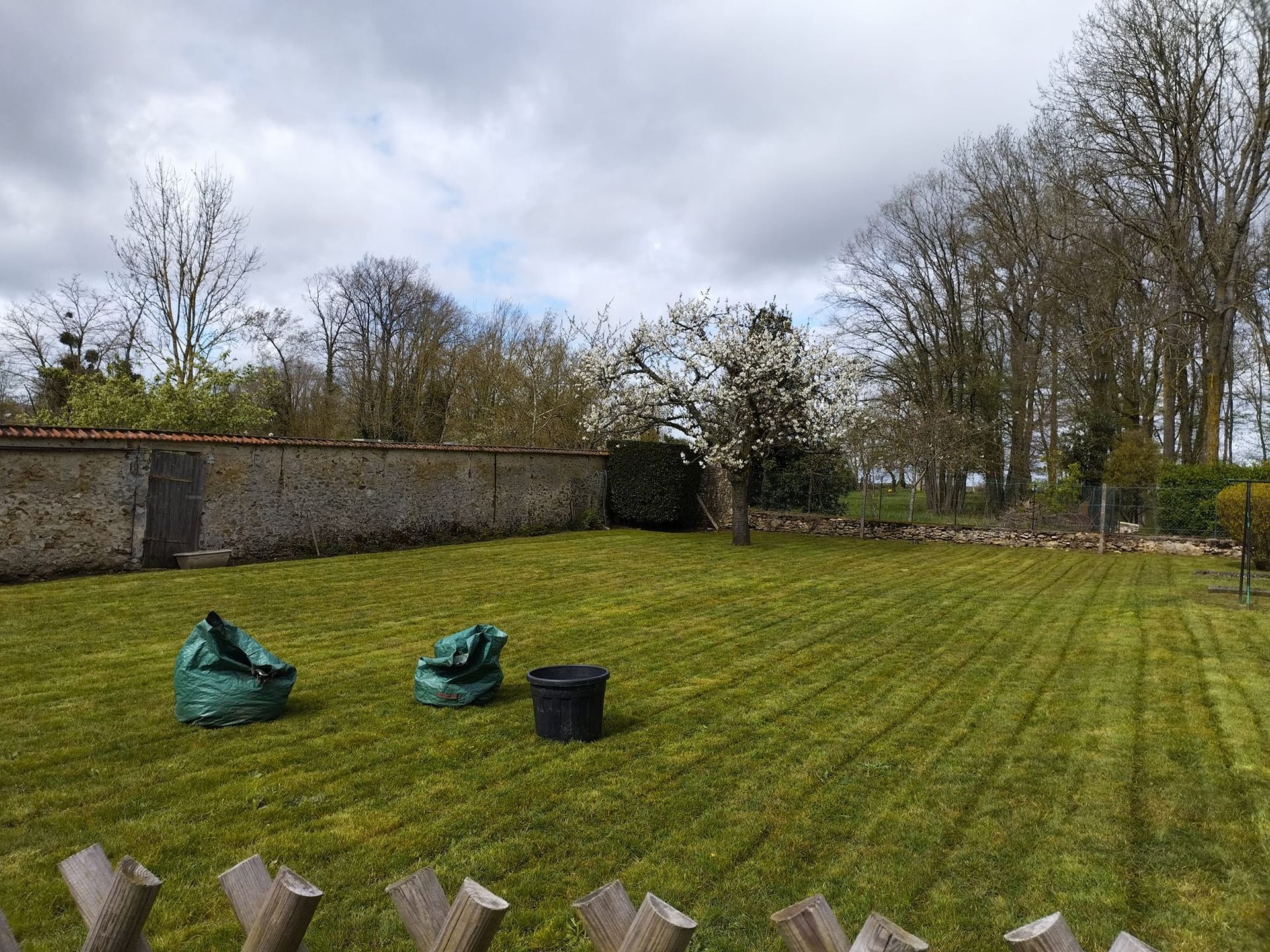 Cour gazonnée tondue, avec des sacs verts et une poubelle noire à côté d'un mur de pierre sous un ciel nuageux.