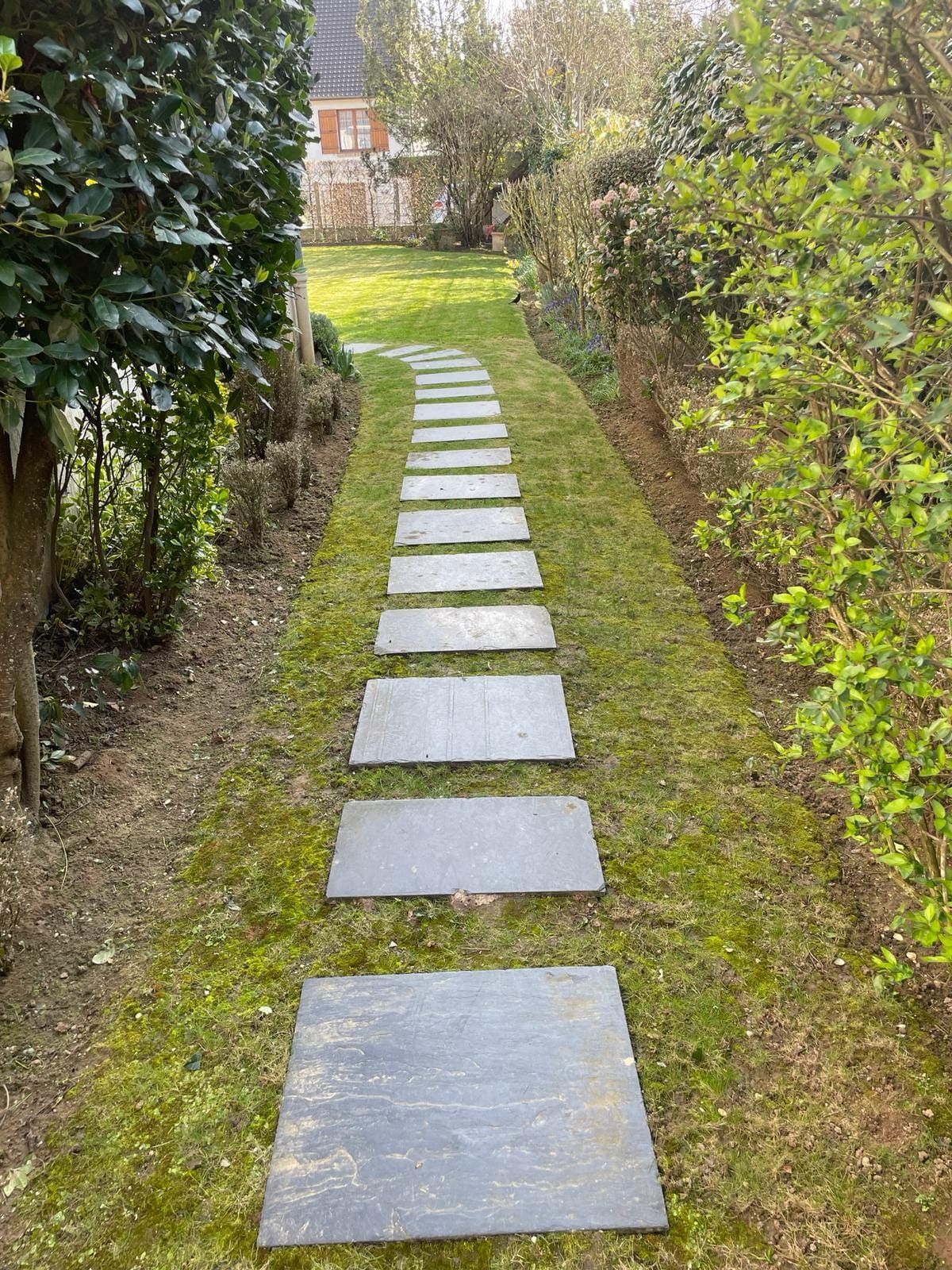 Chemin de dalles traversant un jardin herbeux entre des haies et des arbustes.