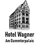 Ein schwarz-weißes Logo für ein Hotel namens Hotel Wagner am Dammtorpalais.