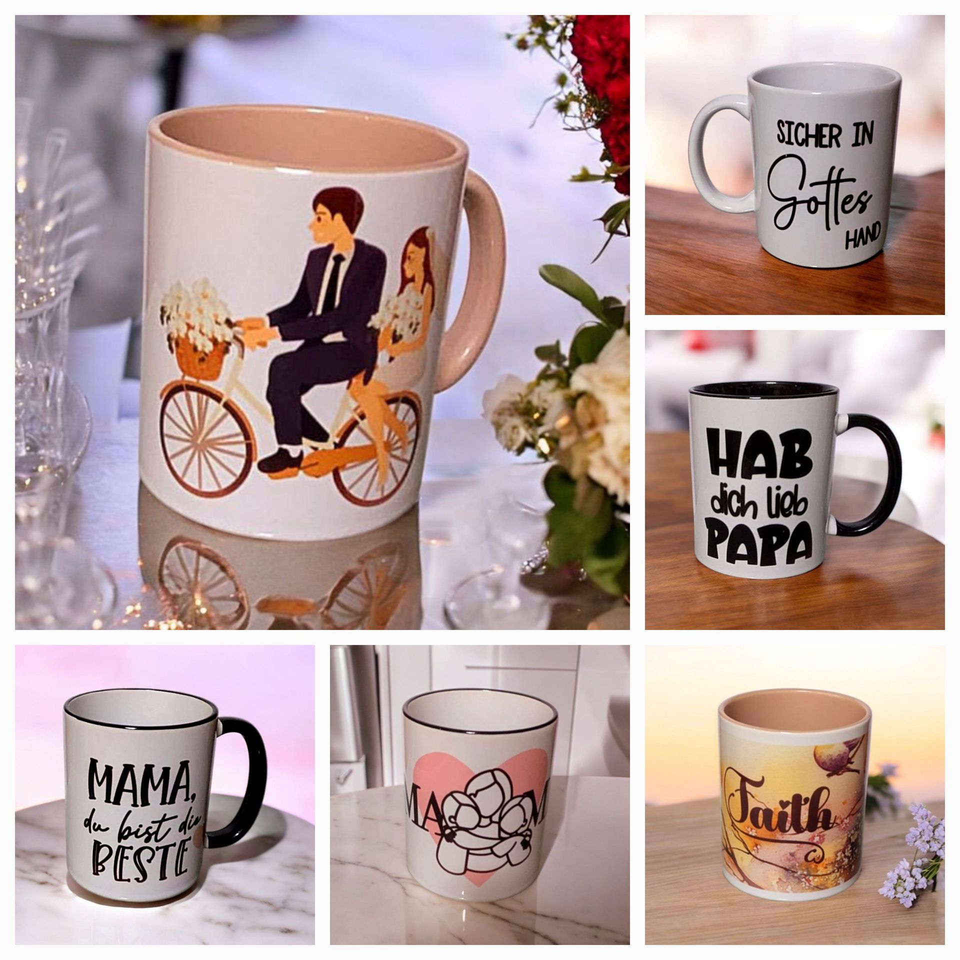 Tassencollage. Tassen mit den Themen Hochzeit, Glaube und Vatertag. Menschen auf dem Fahrrad, Sprüche, Blumen.
