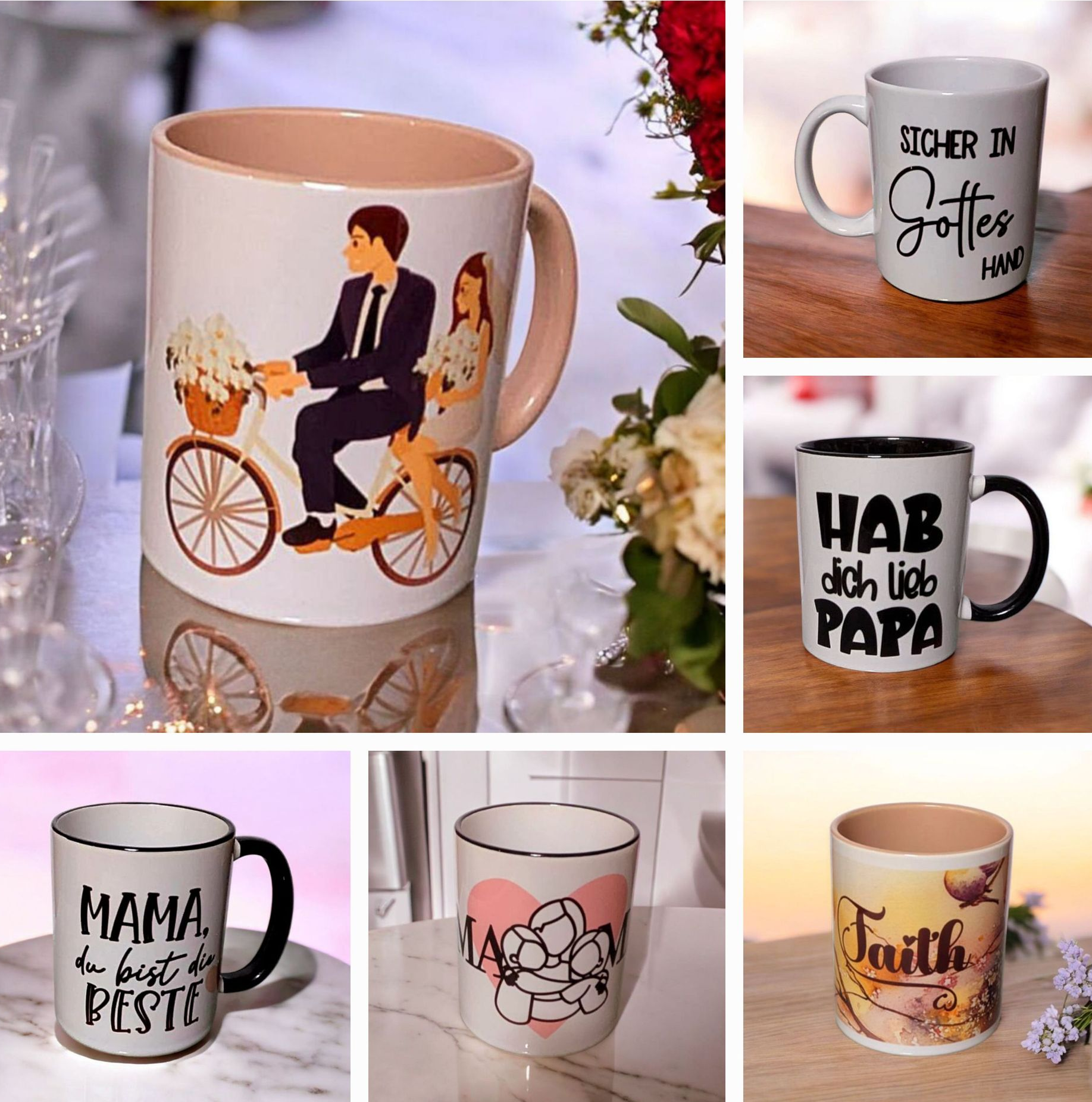 Sechs verschiedene Tassen mit unterschiedlichen Aufdrucken.