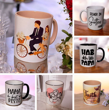 Sechs verschiedene Tassen mit unterschiedlichen Aufdrucken.