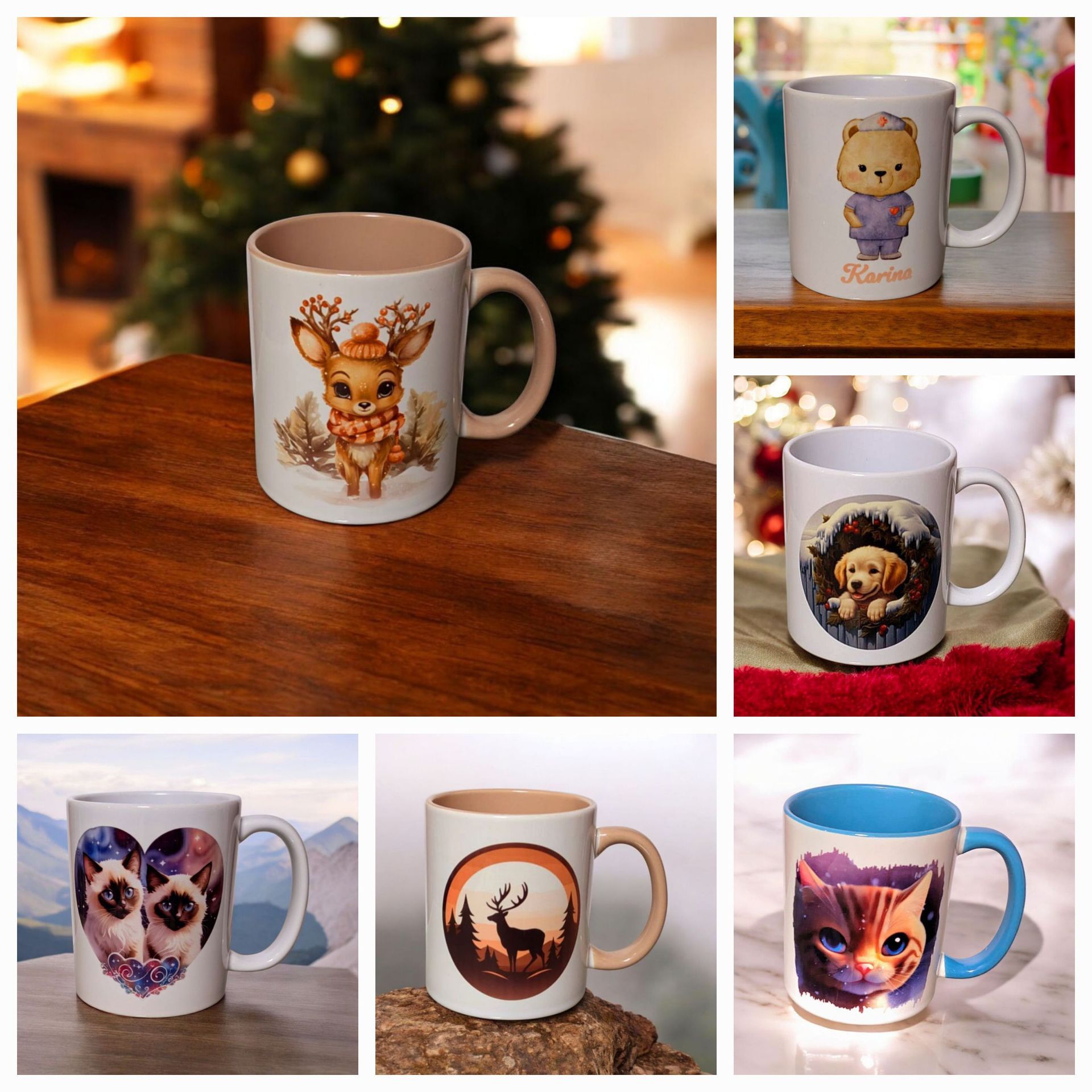 Sechs Tassen mit verschiedenen Tiermotiven auf einem Holztisch, im Hintergrund ein Weihnachtsbaum.