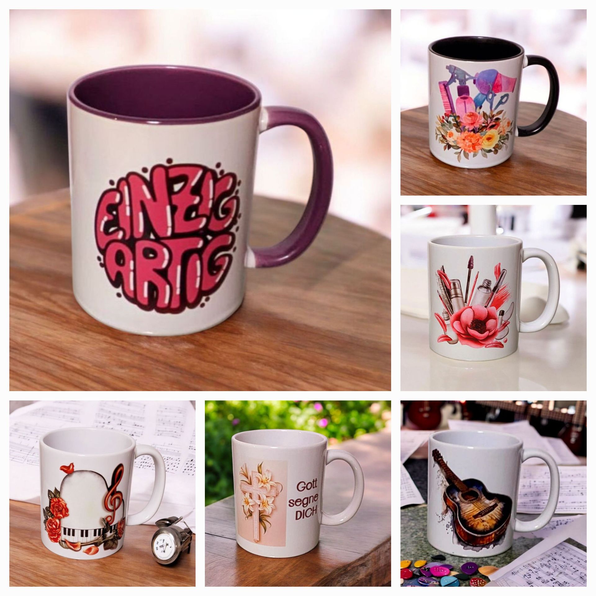 Sechs Tassen mit verschiedenen Designs auf einer Holzoberfläche, die unterschiedliche Farben und künstlerische Themen zeigen.