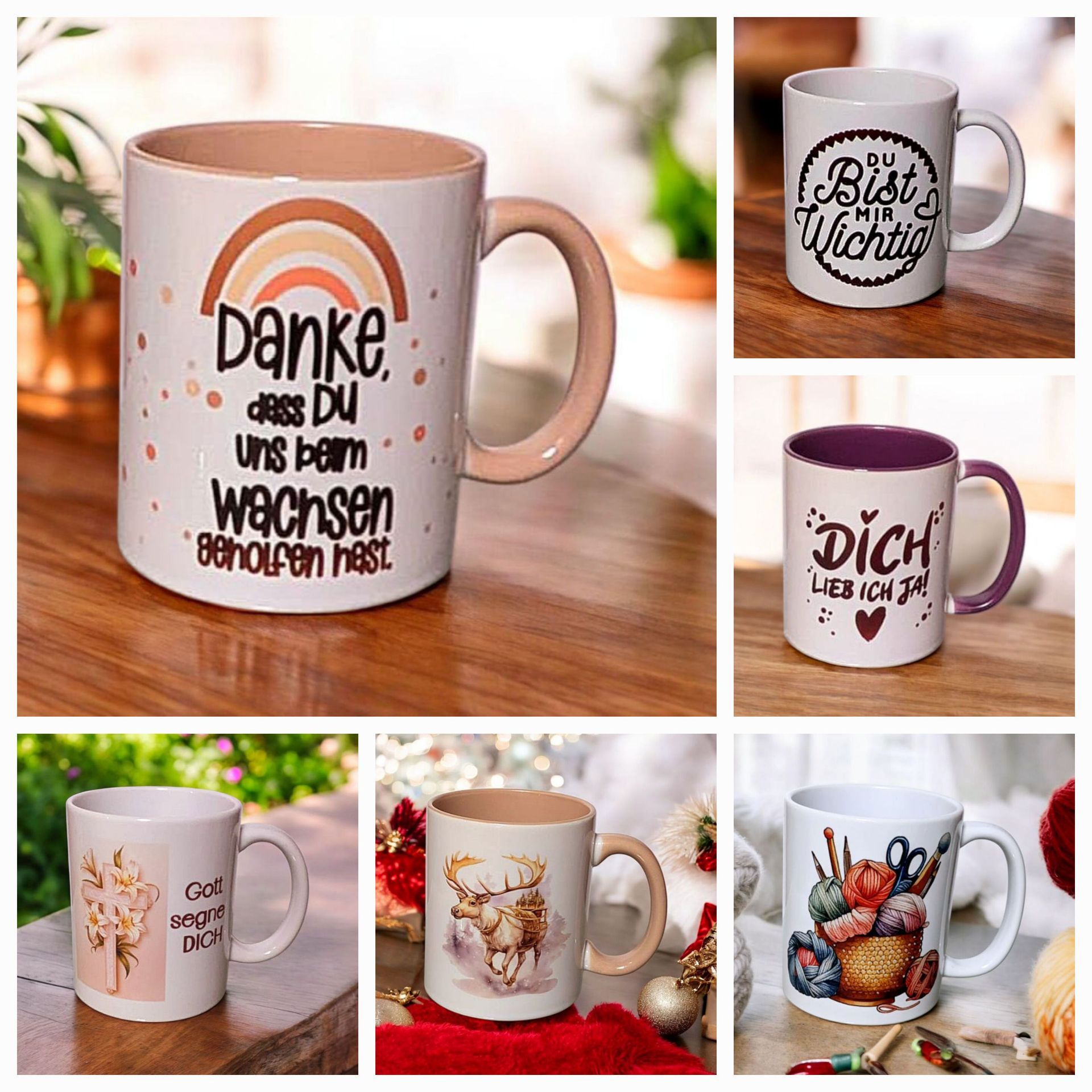 Sechs Tassen mit unterschiedlichen Motiven und Texten auf einer Holzoberfläche.