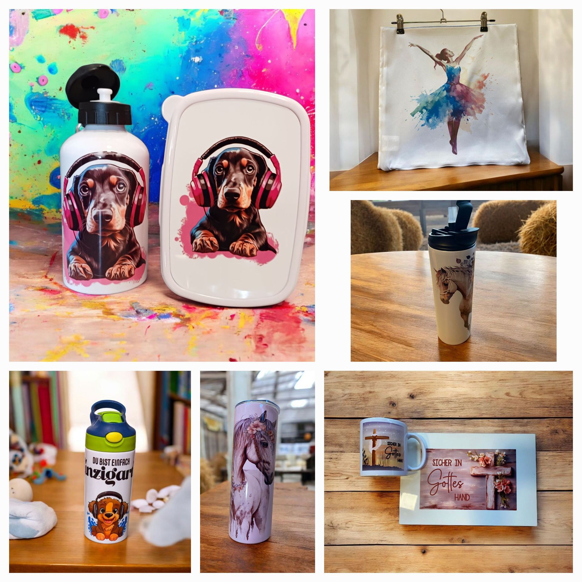 Verschiedene personalisierte Trinkgefäße und Tragetaschen mit Tier- und Kunstmotiven.