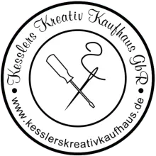Logo von Kesslers Kreativ Kaufhaus GbR mit Schraubenzieher, Nadel, Faden und Website-Adresse.