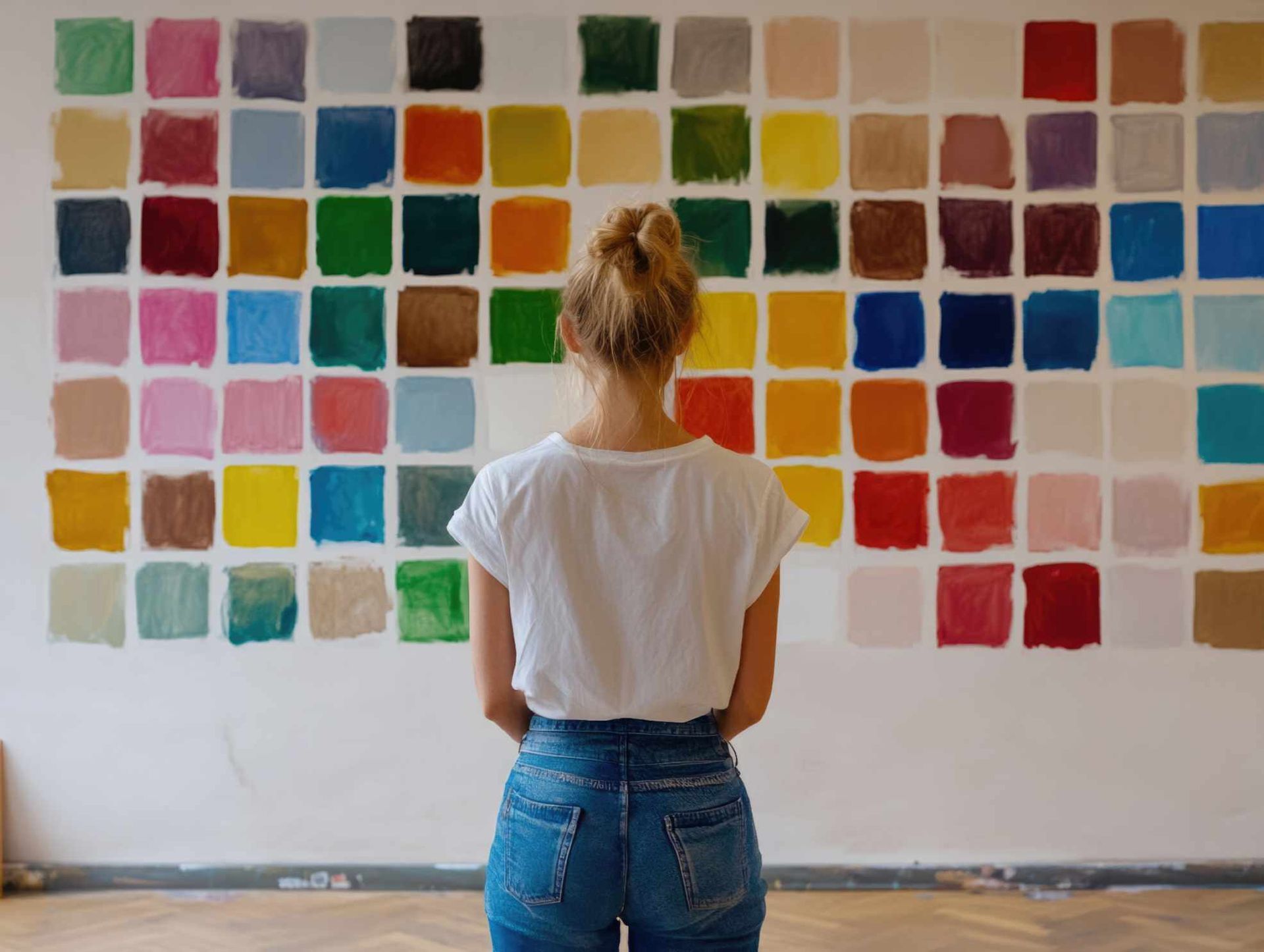 Frau sitzt vor einer Wand mit verschiedenen Farben.