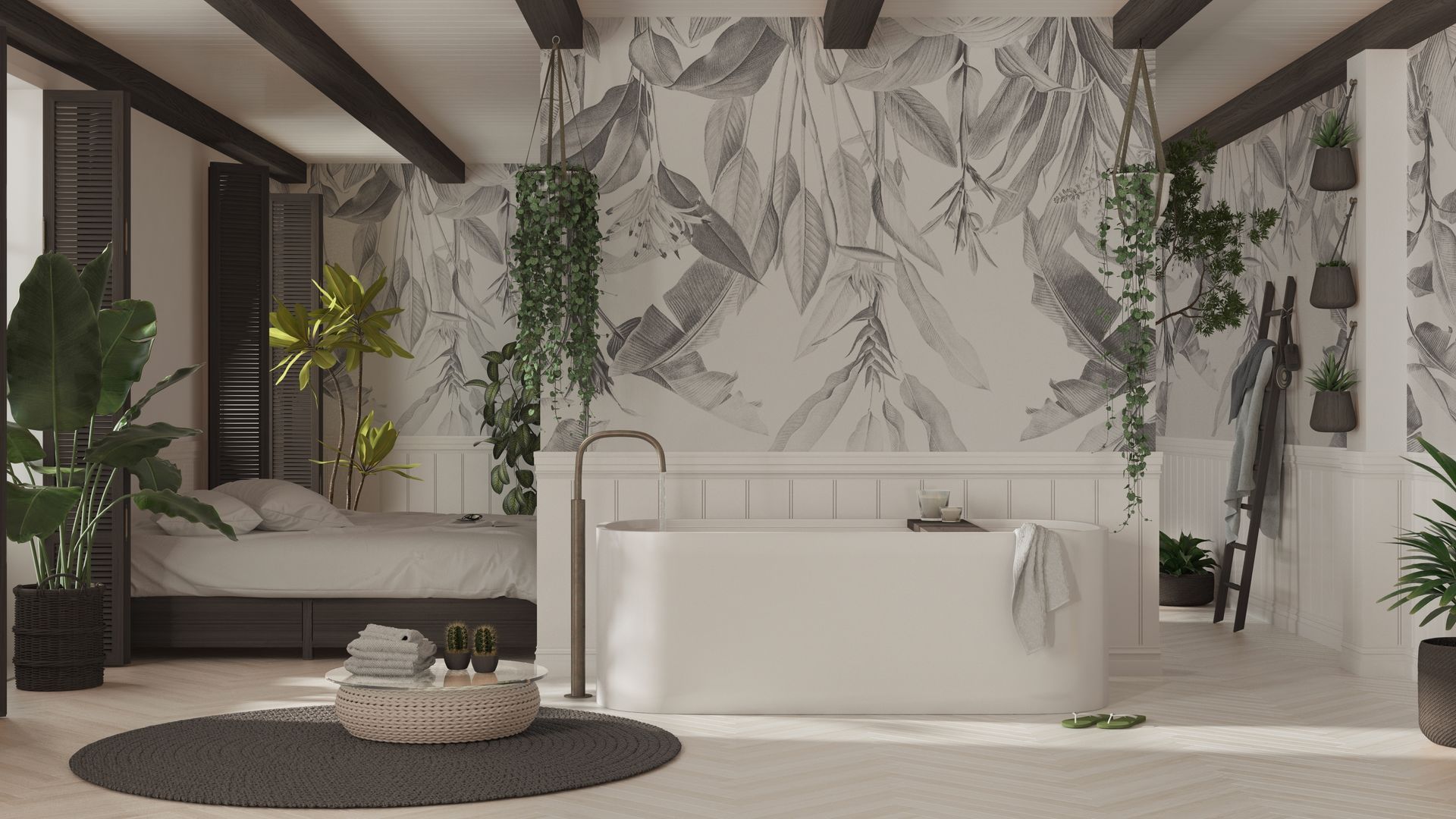 Ein Badezimmer mit Badewanne und einer gemusterten Tapete