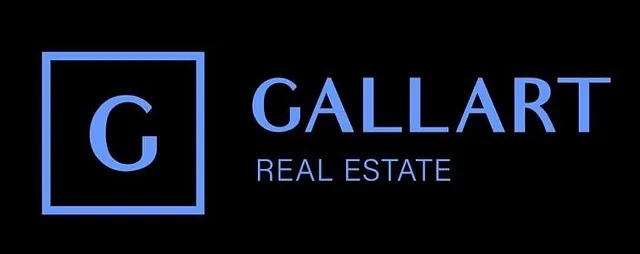 El logotipo de Gallart Real Estate es azul y blanco sobre un fondo negro.