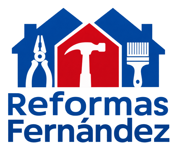 Logotipo de Reformas Fernández con casas azules y herramientas blancas sobre paneles rojos y azules