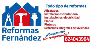 Logotipo de Reformas Fernández con casas azules y herramientas blancas sobre paneles rojos y azules