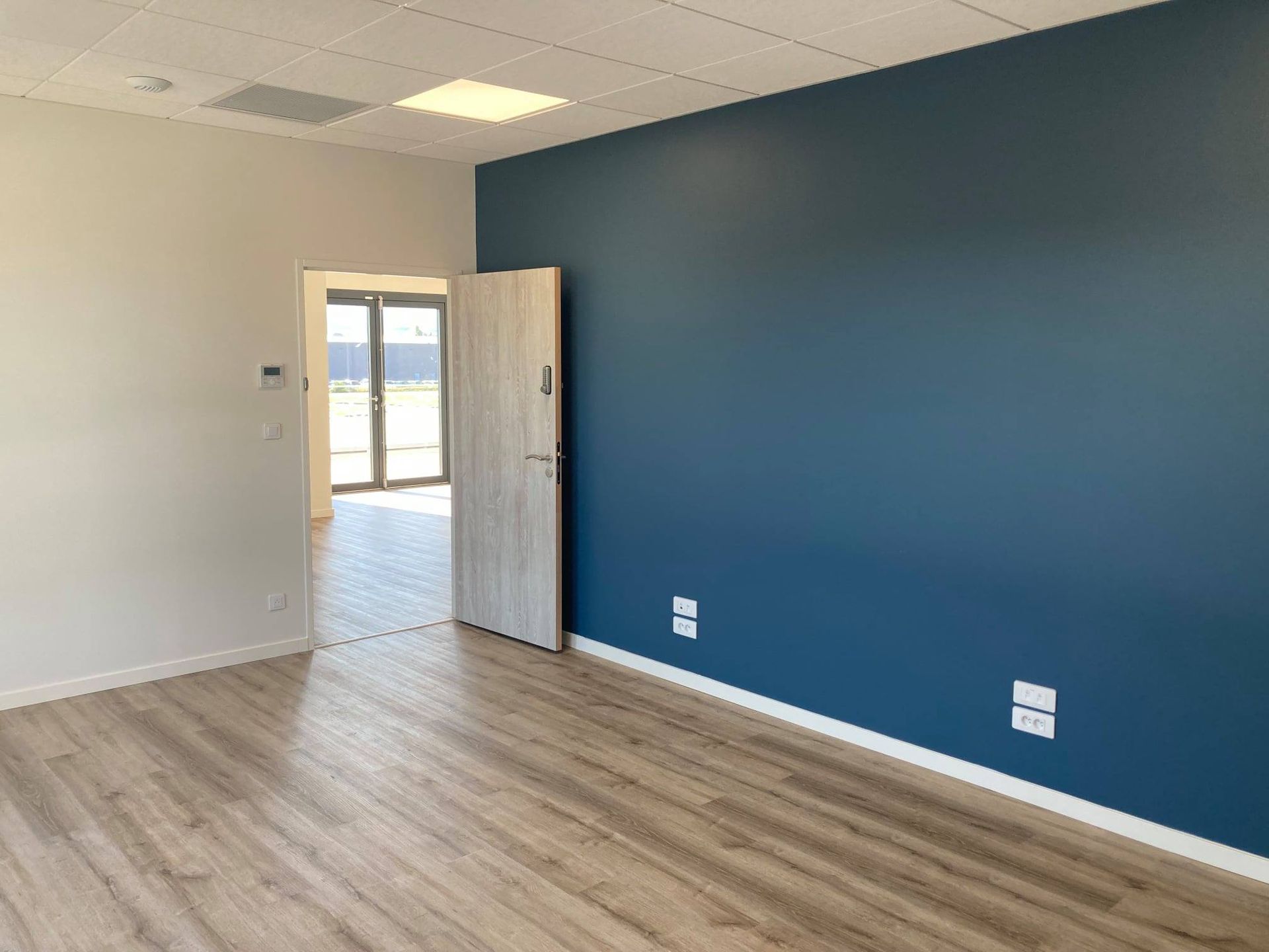 Pièce vide avec un mur aux accents bleus, une porte, un parquet clair et des murs beiges.