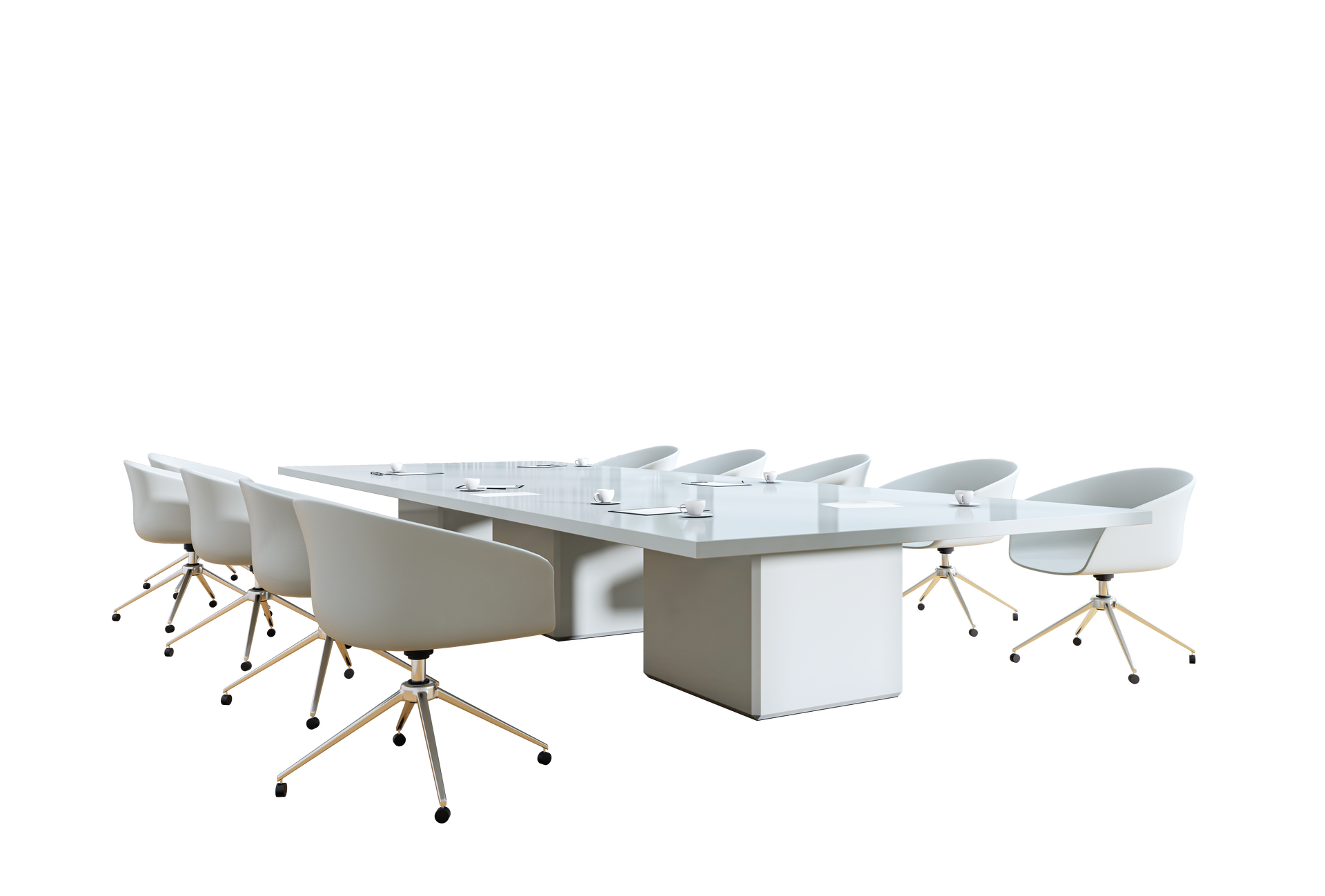 Table de conférence blanche avec chaises assorties sur fond blanc.