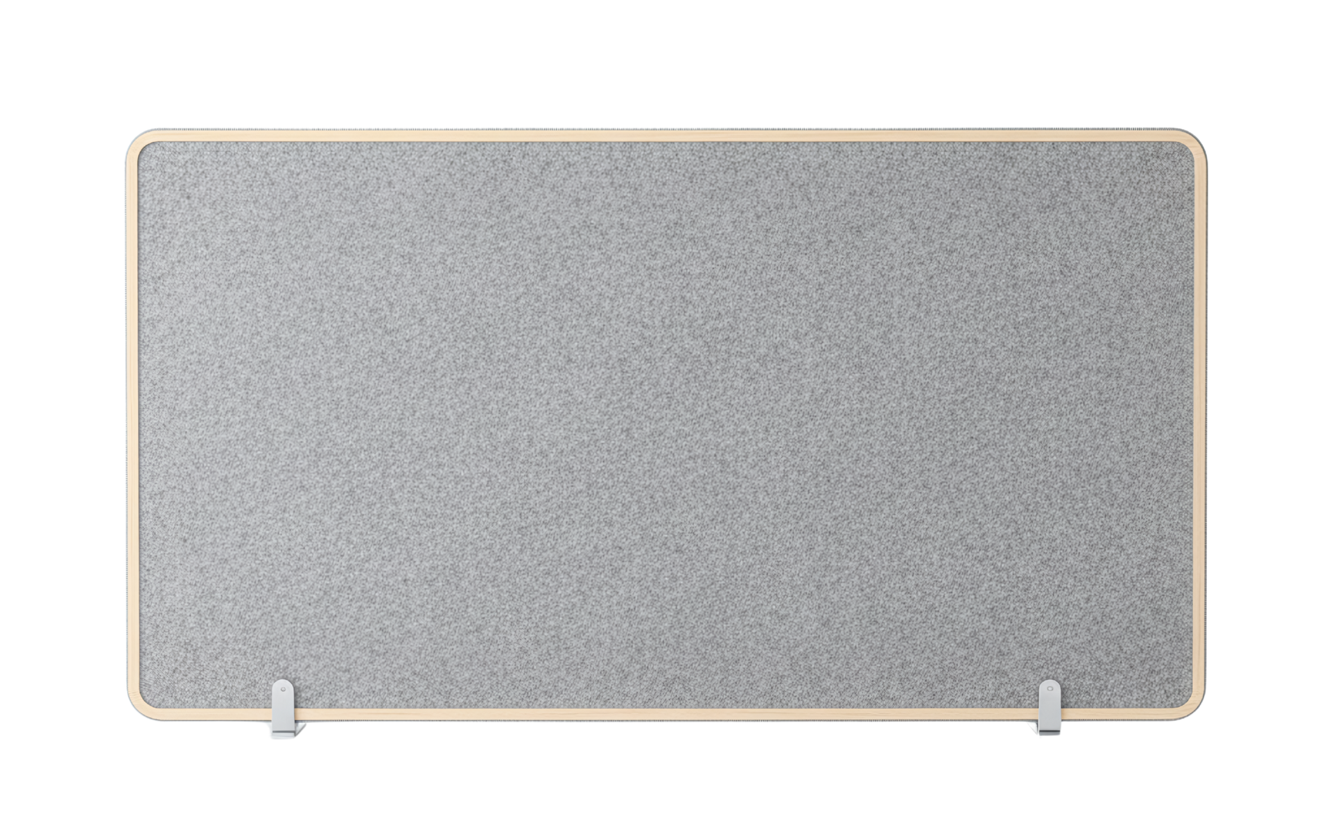 Panneau acoustique en tissu gris avec bordure en bois clair et pieds en métal blanc.