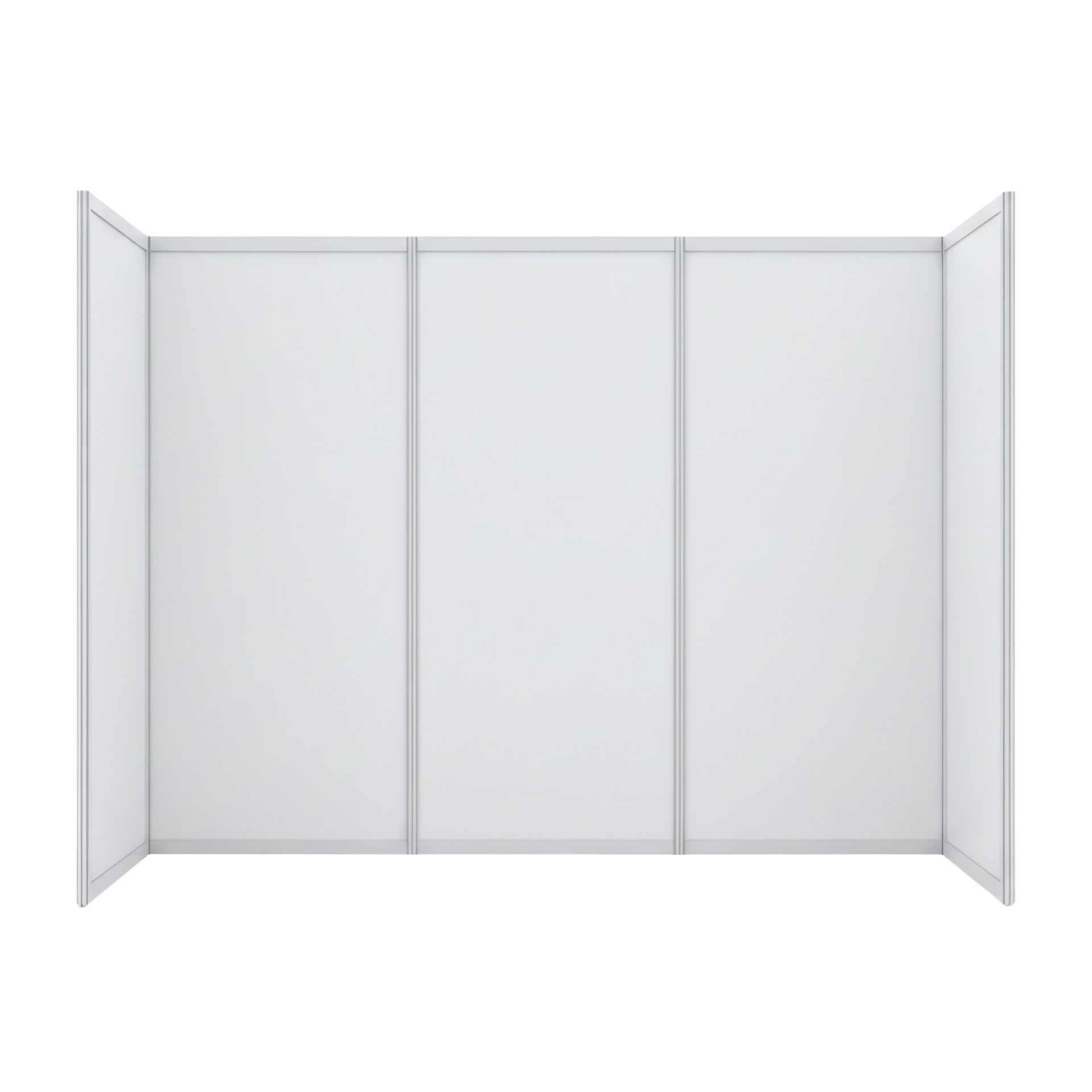 Stand d'exposition modulaire blanc avec trois panneaux centraux et deux panneaux latéraux.