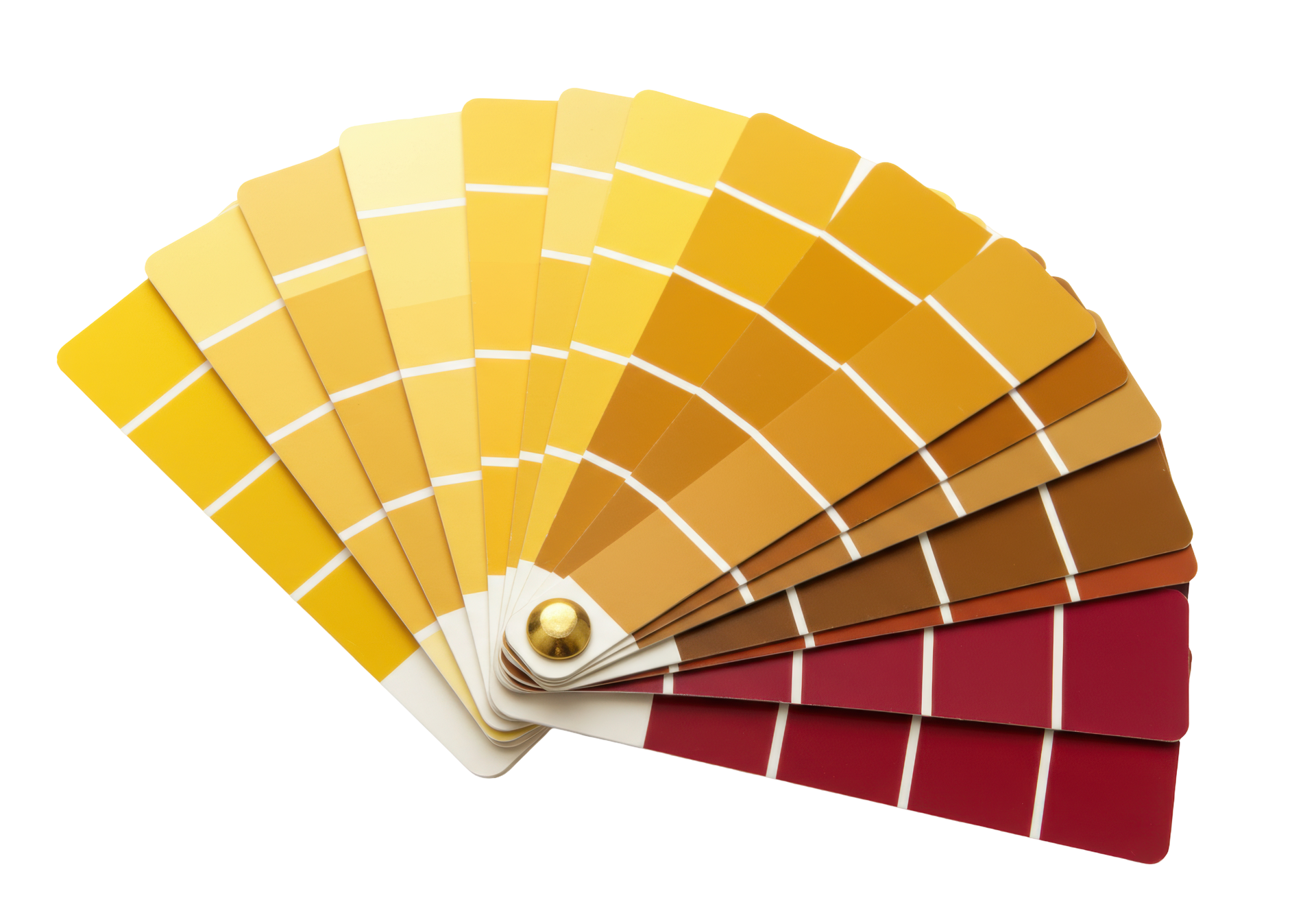 Échantillons de peinture présentant des nuances de jaune, d'or et de rouge.