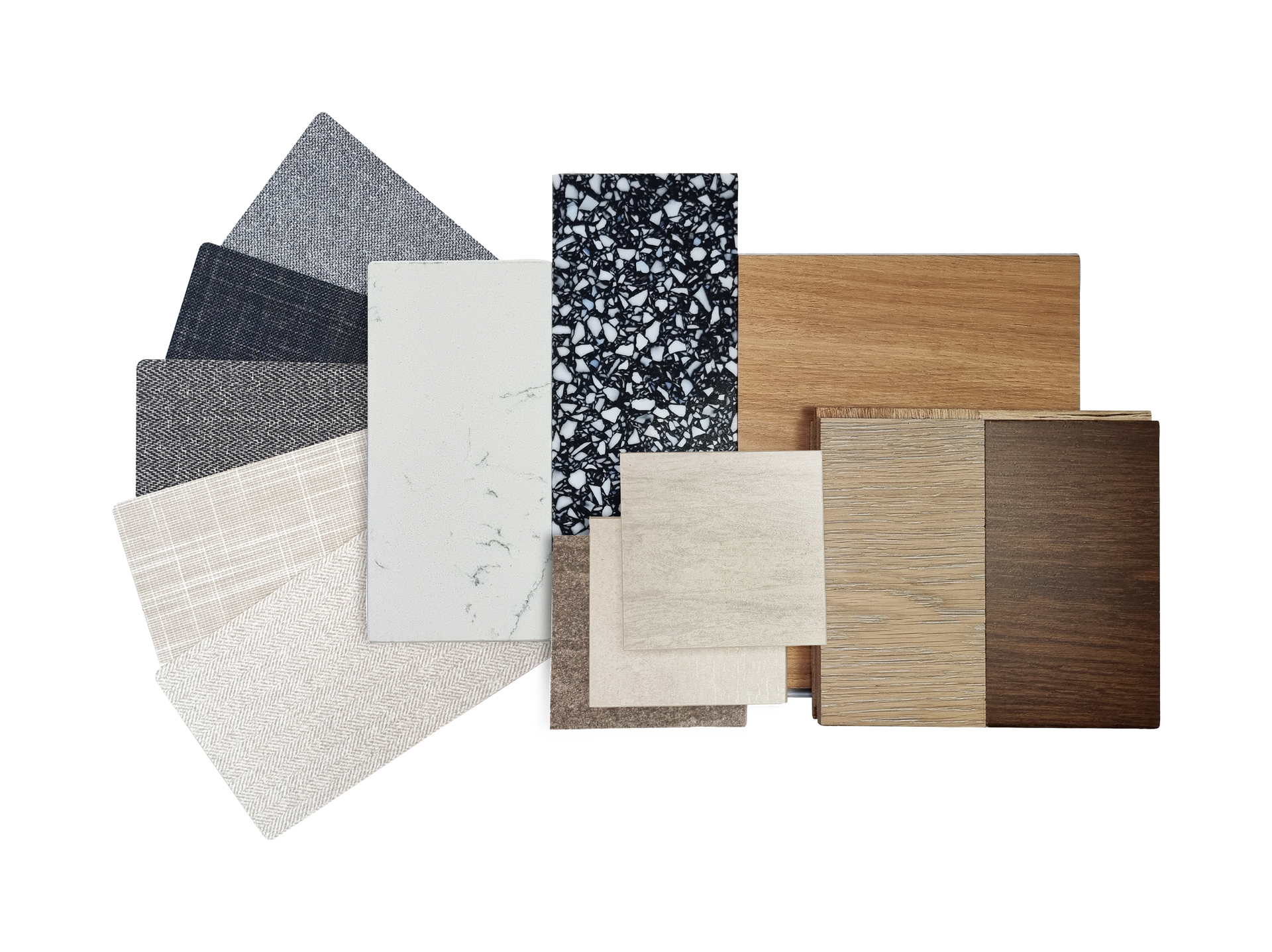 Collection d'échantillons de matériaux : textiles, pierres et motifs de grain de bois de différentes couleurs.