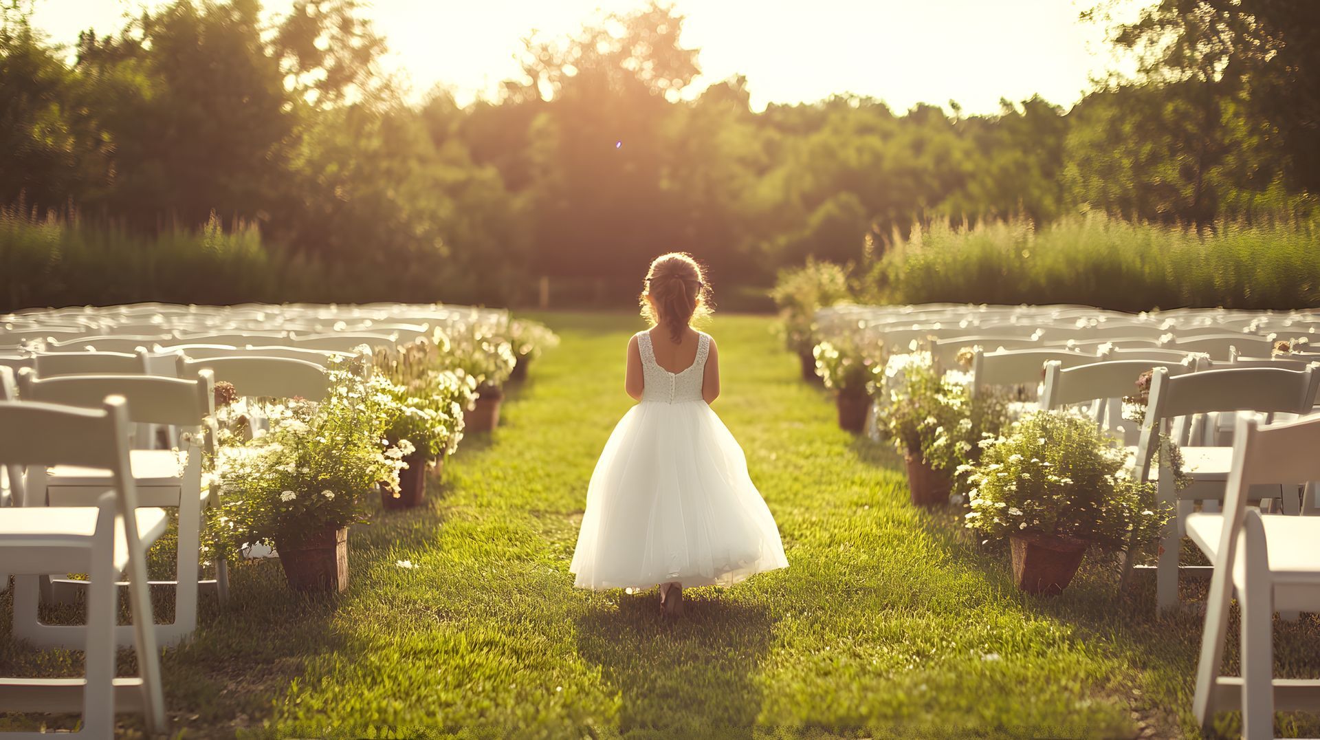 Une fille en robe blanche marche dans l'allée bordée de fleurs, mariage en plein air ensoleillé.