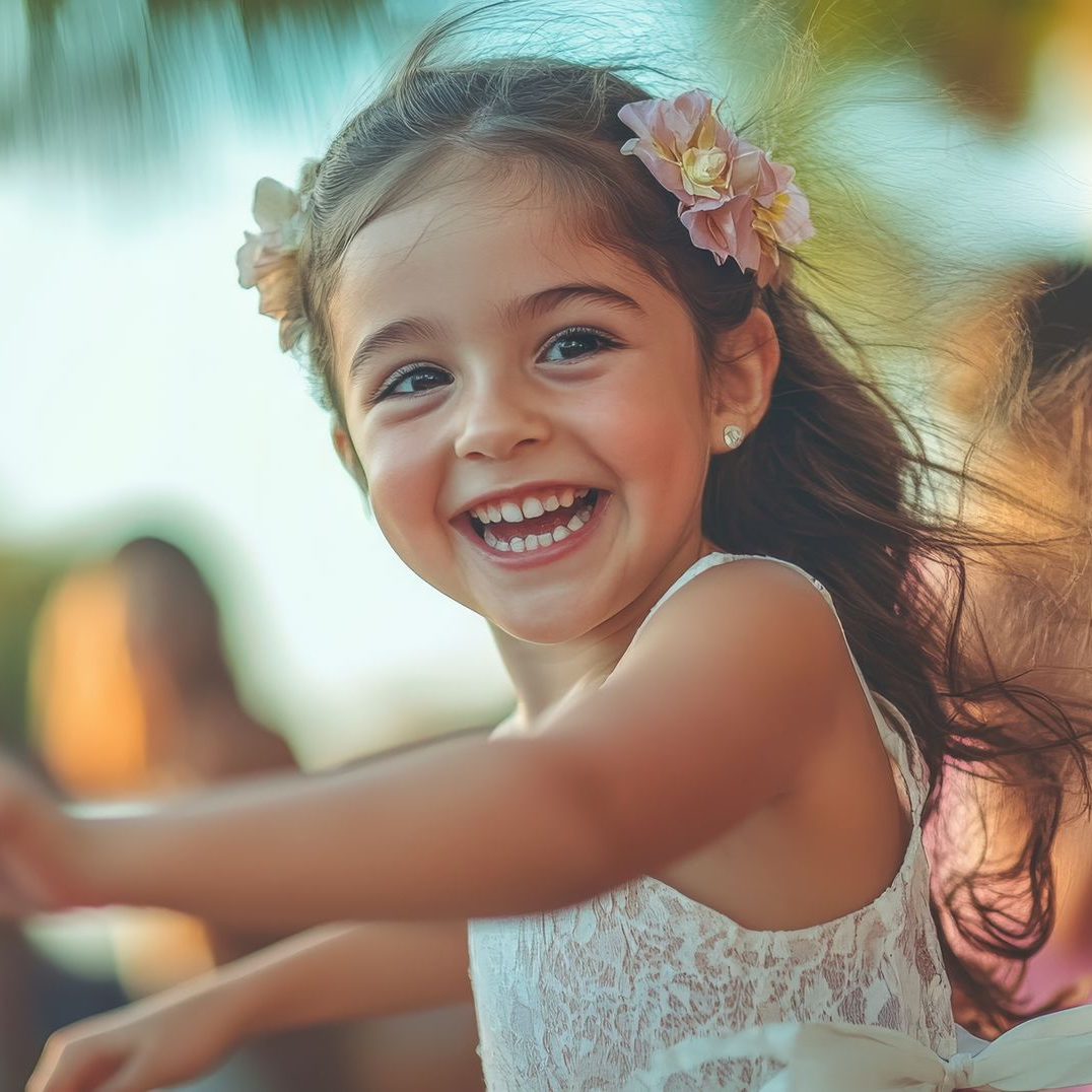 Jeune fille souriante portant une couronne de fleurs et une robe blanche, à l'extérieur.