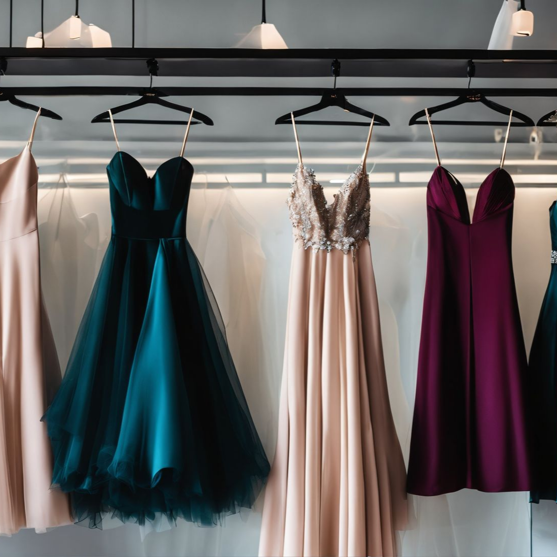 Robes de soirée suspendues sur un portant, couleurs variées : bleu sarcelle, blush et bordeaux.