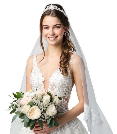 Mariée en robe de mariée blanche souriante, tenant un bouquet, portant un voile et un diadème.