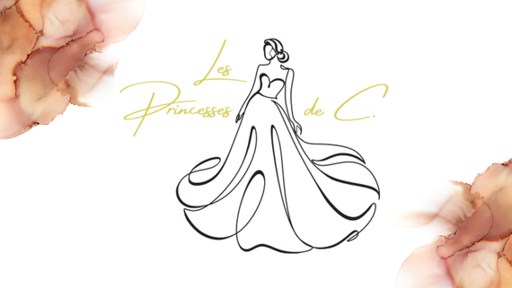 Logo - Femme élégante en robe fluide. Inscription dorée « Les Princesses de C ». Douces touches d'aquarelle marron.