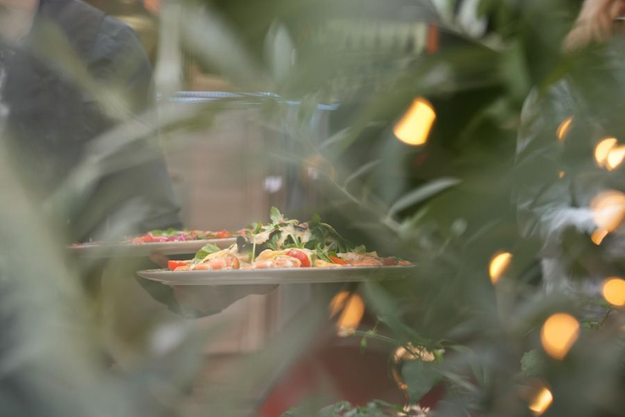 Ein angerichtetes Gericht auf einem Tisch, durch verschwommene grüne Blätter und warmes Bokeh-Licht hindurch zu sehen.