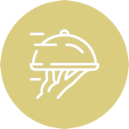 Eine Hand hält eine abgedeckte Servierplatte mit Geschwindigkeitslinien in einem goldenen Kreis.