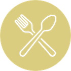 Weiße Gabel und Löffel gekreuzt auf gelbem Hintergrund, ein Symbol für den Lebensmittelservice.