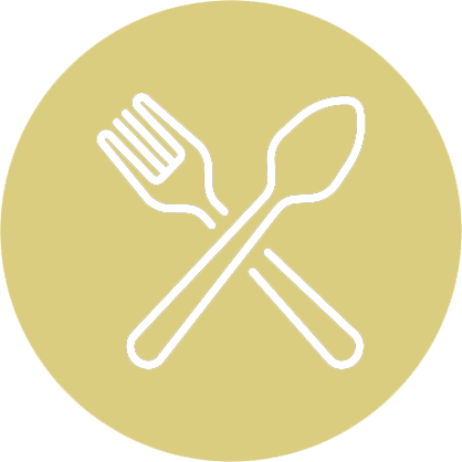 Weiße Gabel und Löffel gekreuzt auf gelbem Hintergrund, ein Symbol für den Lebensmittelservice.