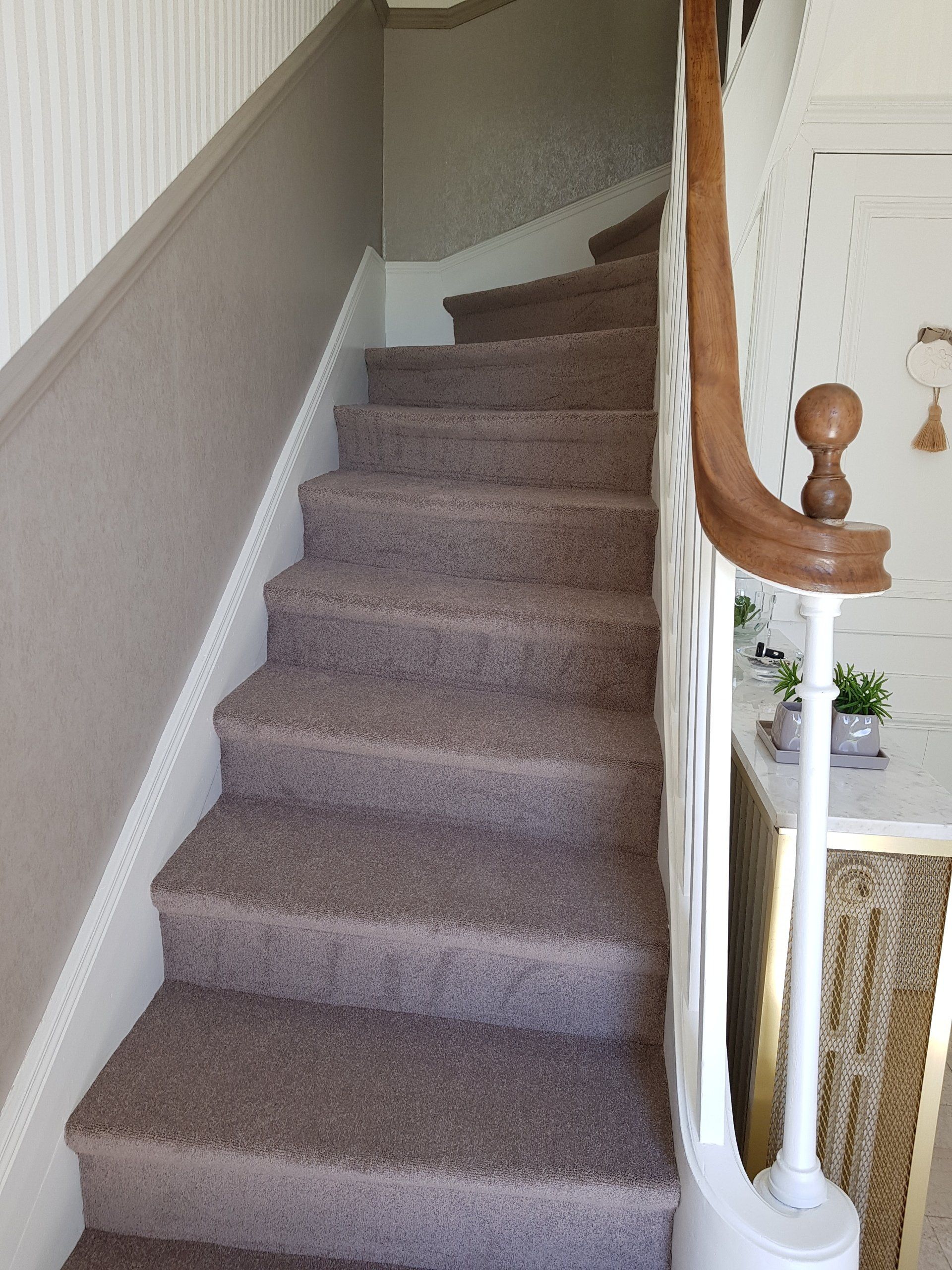 Escalier en moquette gris vue de bas