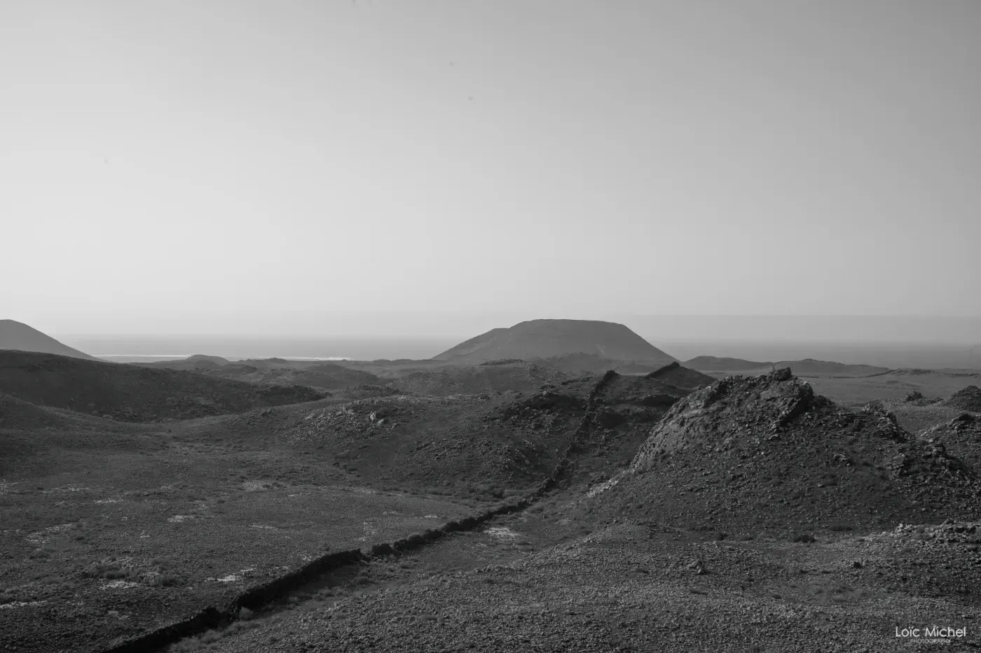 Una fotografía en blanco y negro de un paisaje desértico con montañas al fondo.