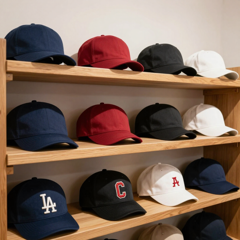 Étagère en bois présentant des rangées de casquettes de baseball bleu marine, rouges, noires, blanches et grises, certaines avec des logos d'équipes.