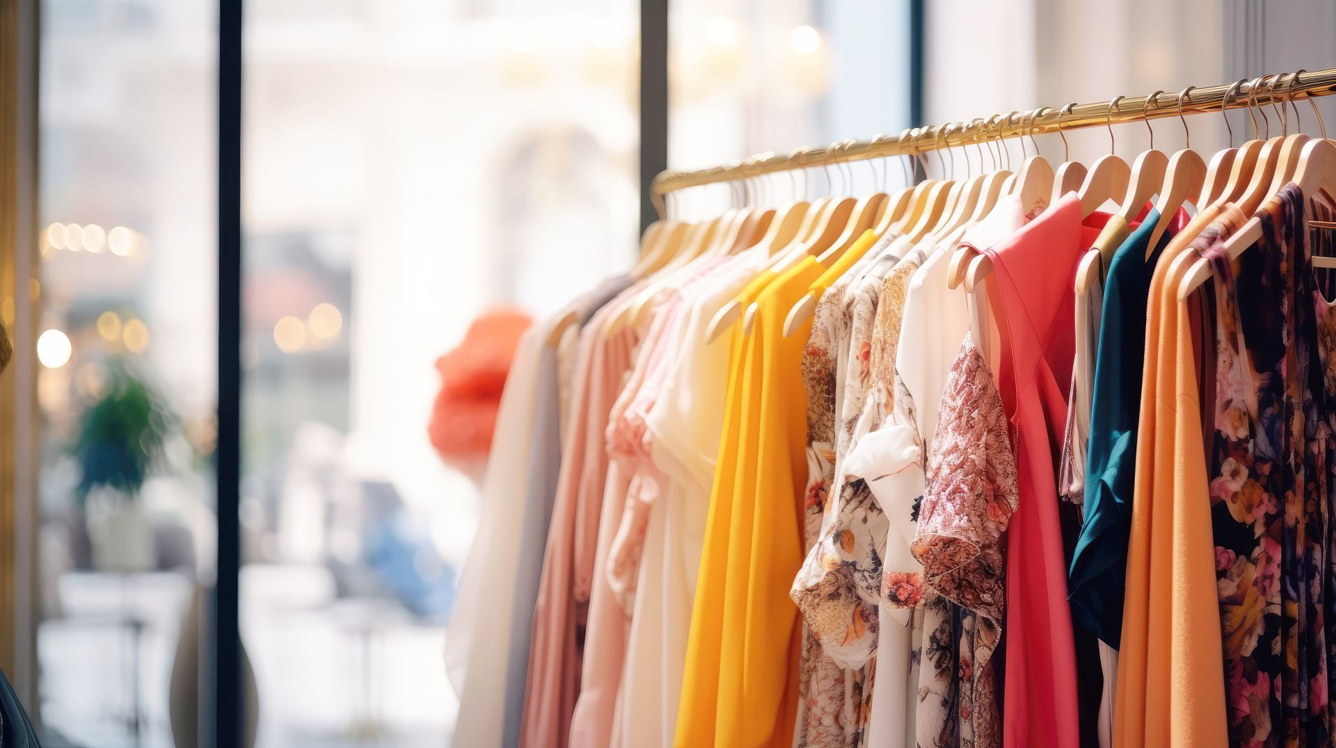 Un portant à vêtements avec des vêtements colorés assortis suspendus dans une boutique.